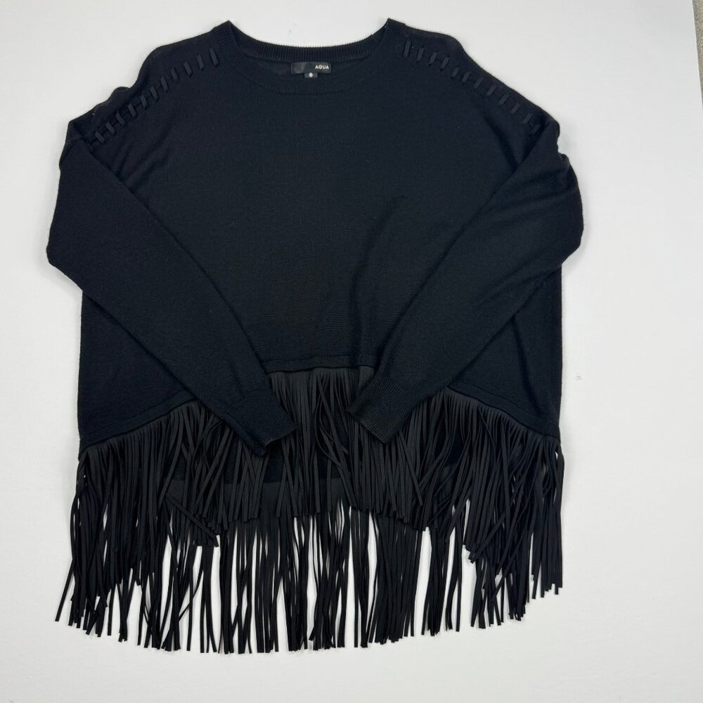 Aqua Black Sweater Fringe Detail Wool Blend Pullover XS Oversized - Picture 7 of 9